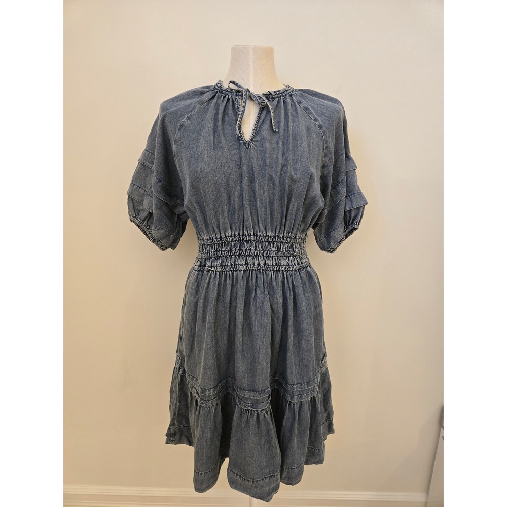 Velvet Heart Tencel Denim Smocked Waist Tiered Ruffle Mini Dress Blue Medium